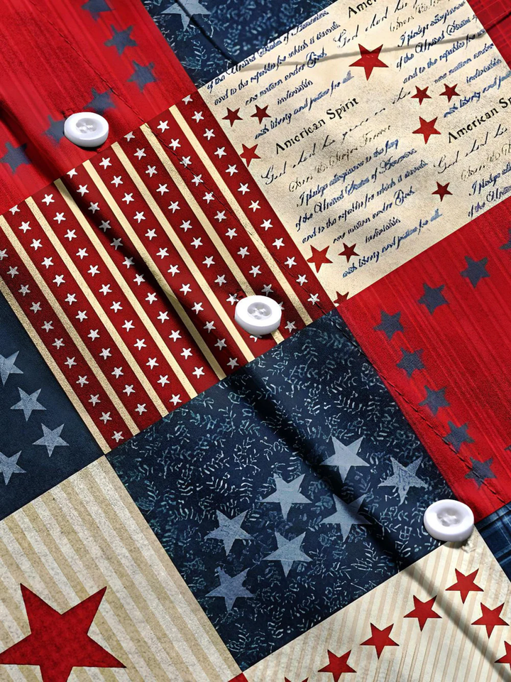Alohadaddy® Vintage Geometric American Flag Art Print Chest Pocket Stretch Men&