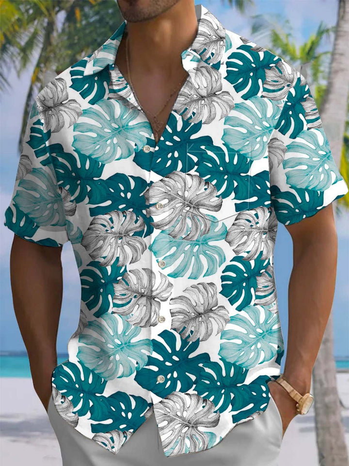 Alohadaddy® Hawaiian Palm Leaf Art Print Chest Pocket Stretch Men&