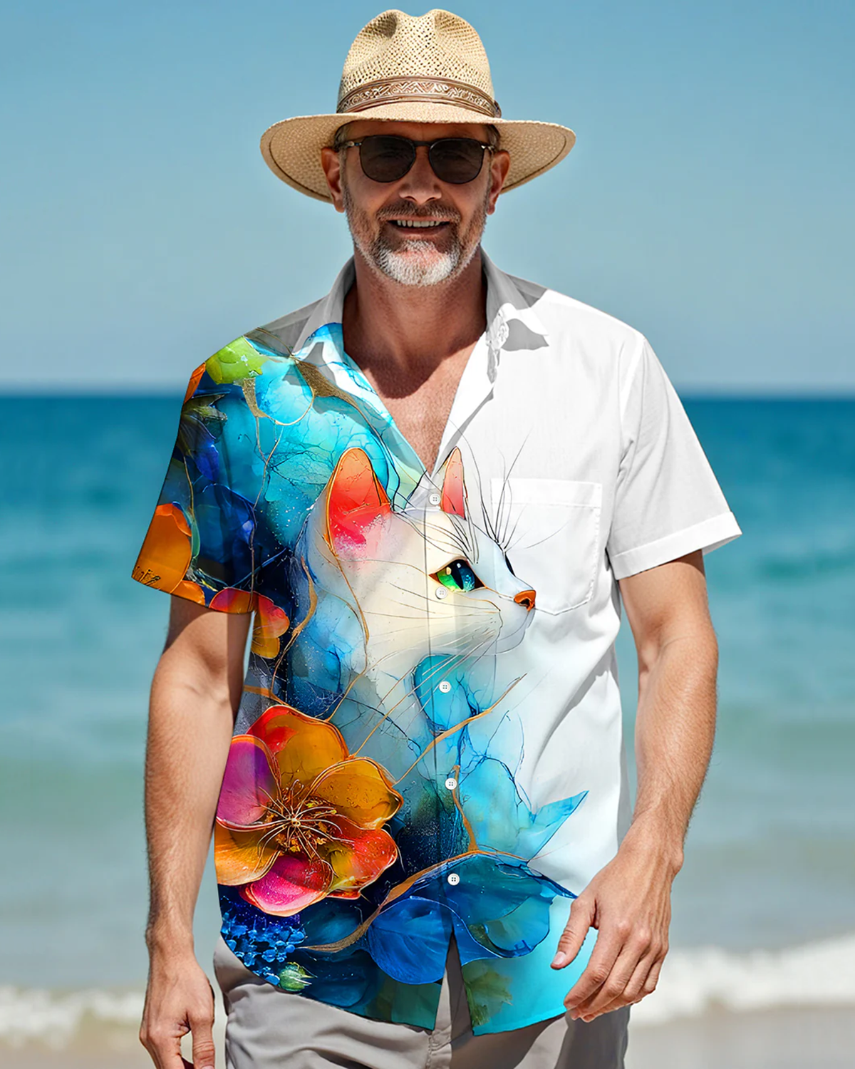 Alohadaddy® Hawaiian Floral Cat Print Pocket Elastic Button Men's Long Sleeve Shirt Big & Tall