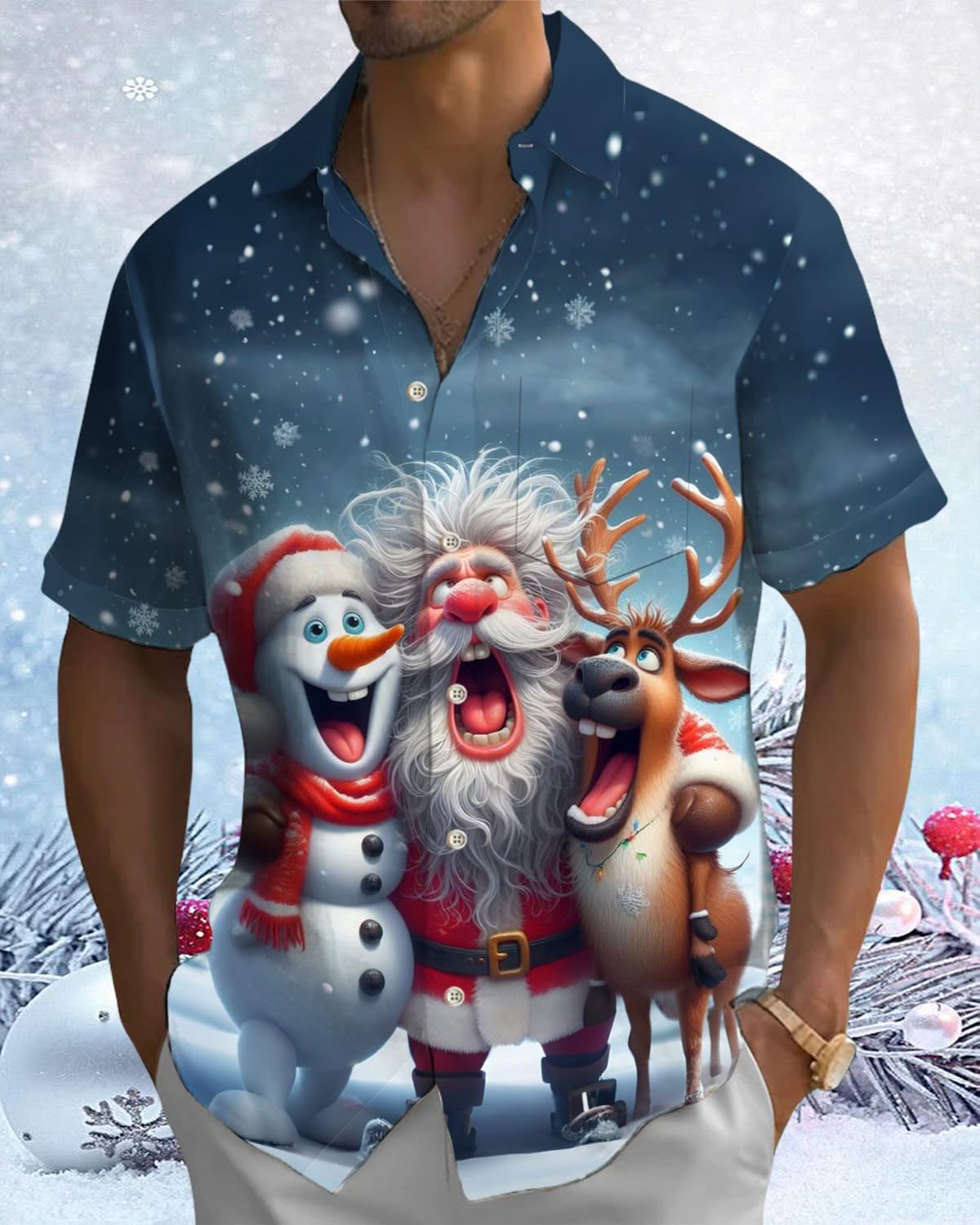 Alohadaddy® Christmas Santa Claus Cartoon Print Pocket Elastic Button Men's Short Sleeve Shirt Big & Tall
