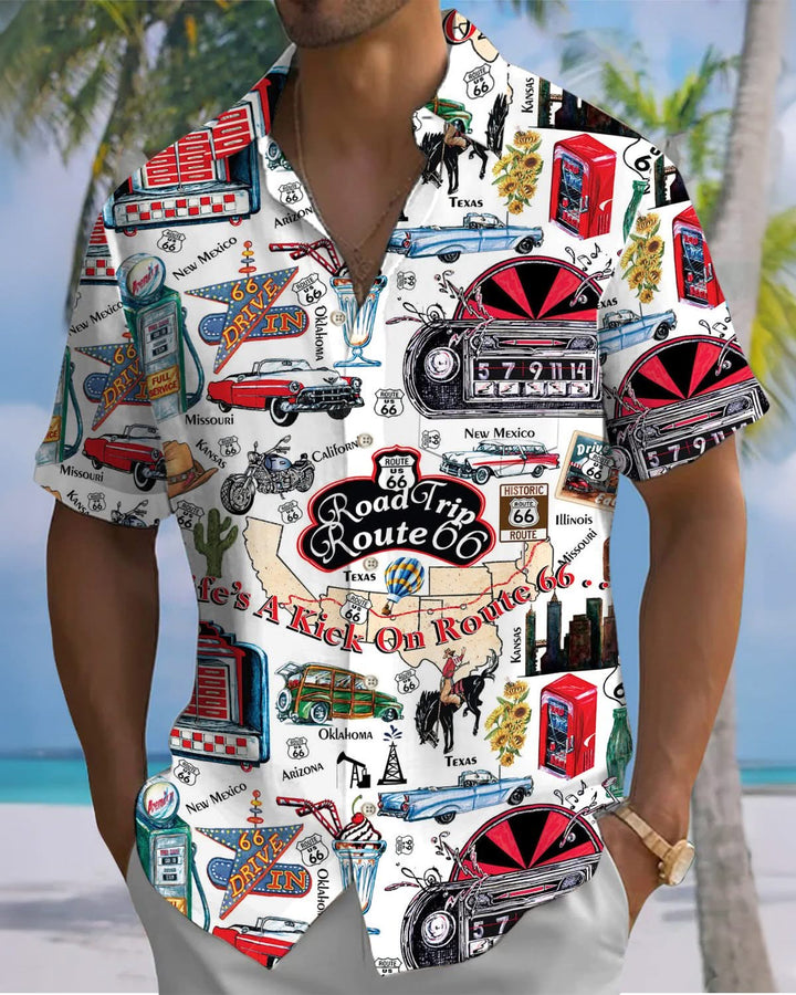 Alohadaddy® Retro Route 66 Geometric Cartoon Print Art with Pockets and Buttons Men&