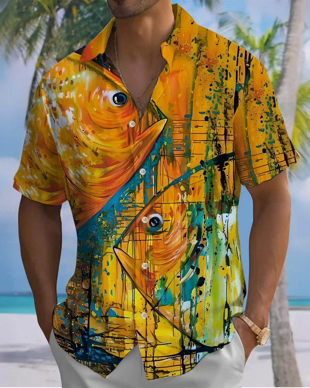 Alohadaddy® Vintage Fish Oil Painting Print Art Pocket Button Stretch Men&