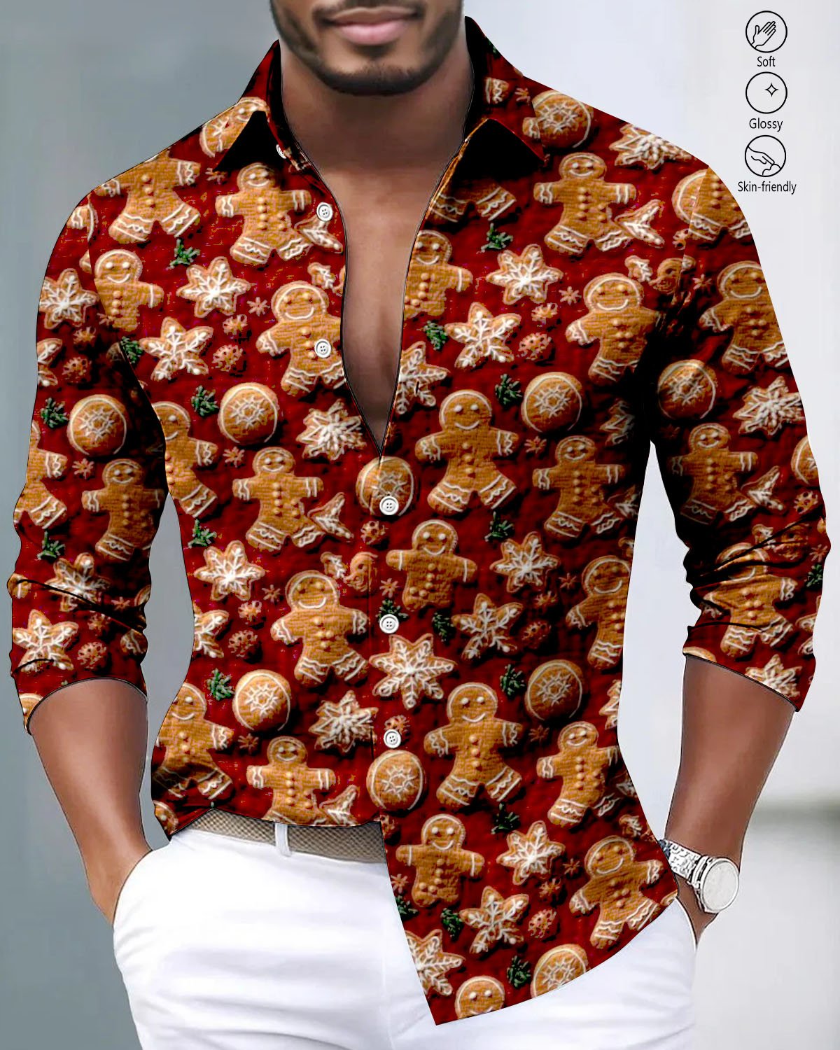 Alohadaddy® Satin Finish Christmas Cookie Print Art Stretch Men's Long Sleeve Shirt Big & Tall