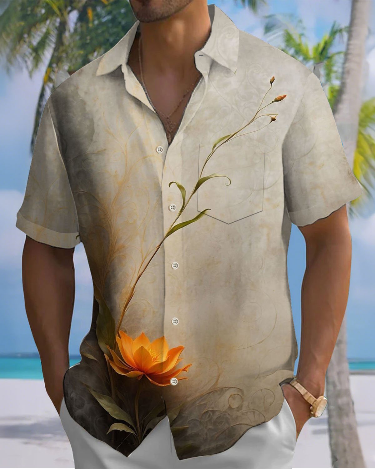 Alohadaddy® Vintage Lotus Print Art Pocket Stretch Men's Short-Sleeve Shirt Big & Tall