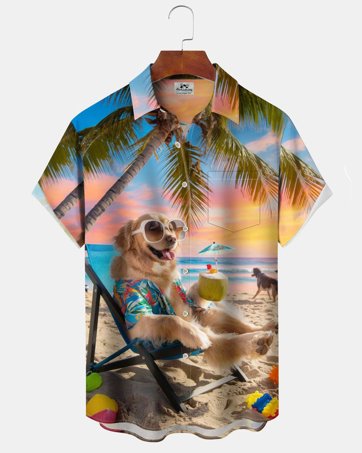 Alohadaddy® Hawaiian Vacation Fun Dog Print Art Pocket Button Men&