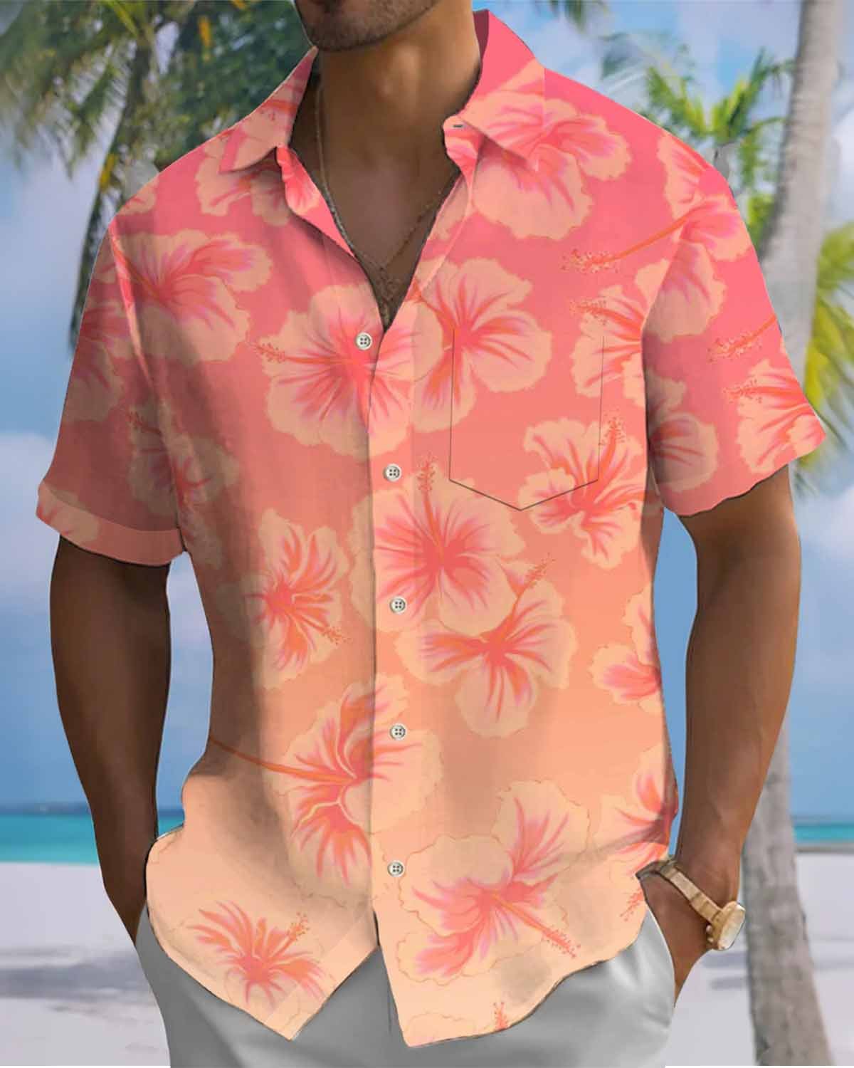 Alohadaddy® Hawaiian Floral Gradient Print Art Cardigan with Pockets and Buttons for Men - Short Sleeve Shirt Big & Tall