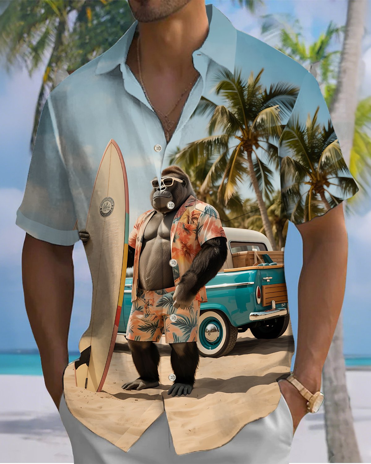 Alohadaddy® Casual Orangutan Hawaiian Print Art Button Pockets Cardigan, Men's Short-Sleeve Shirt Big & Tall