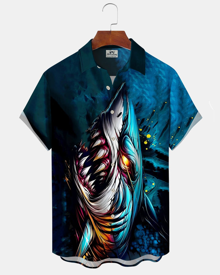 Alohadaddy® Casual Shark Print Art Button Pocket Cardigan Men&