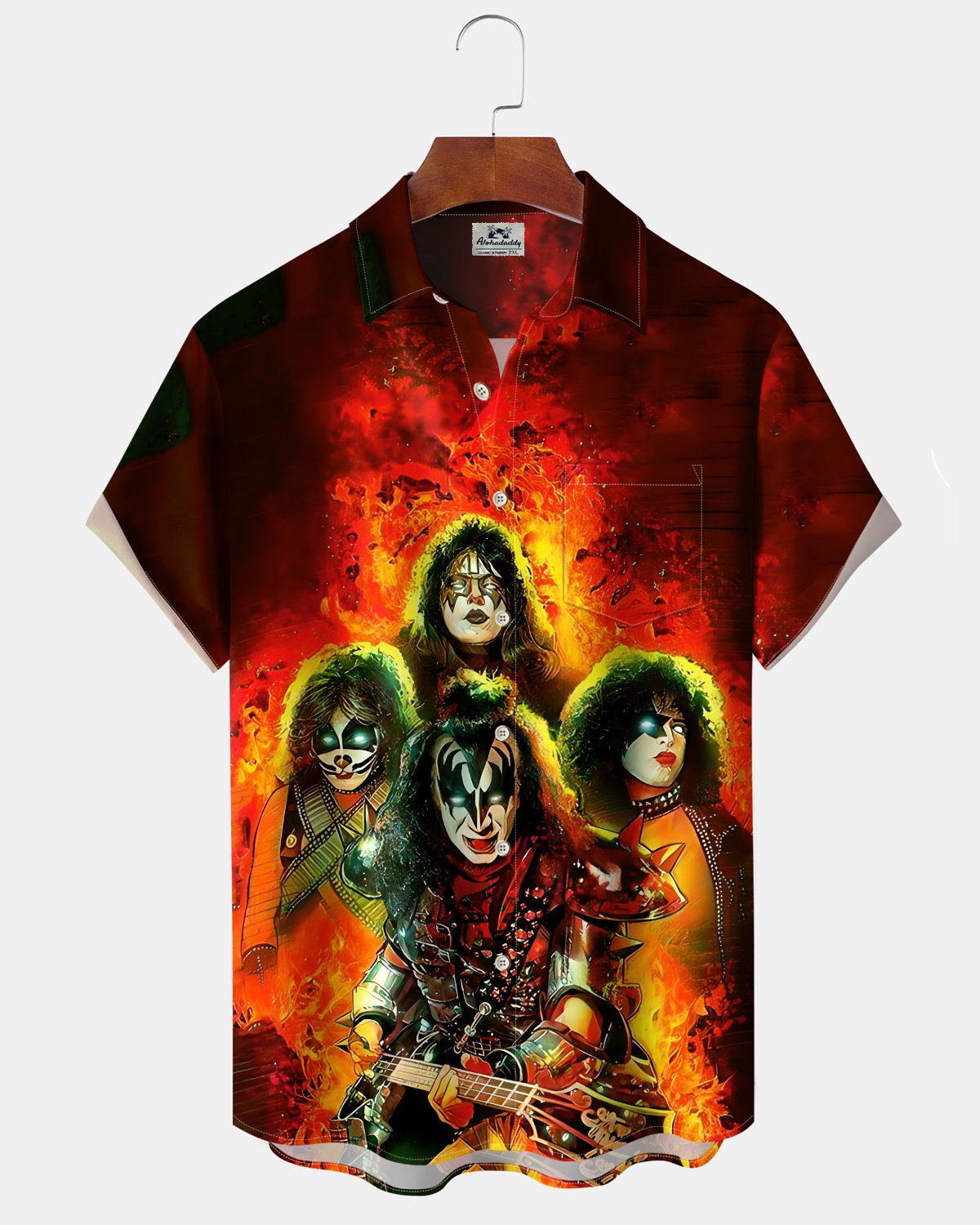 Alohadaddy® Retro Rock Band Print Art Button Pocket Cardigan Men's Short Sleeve Shirt