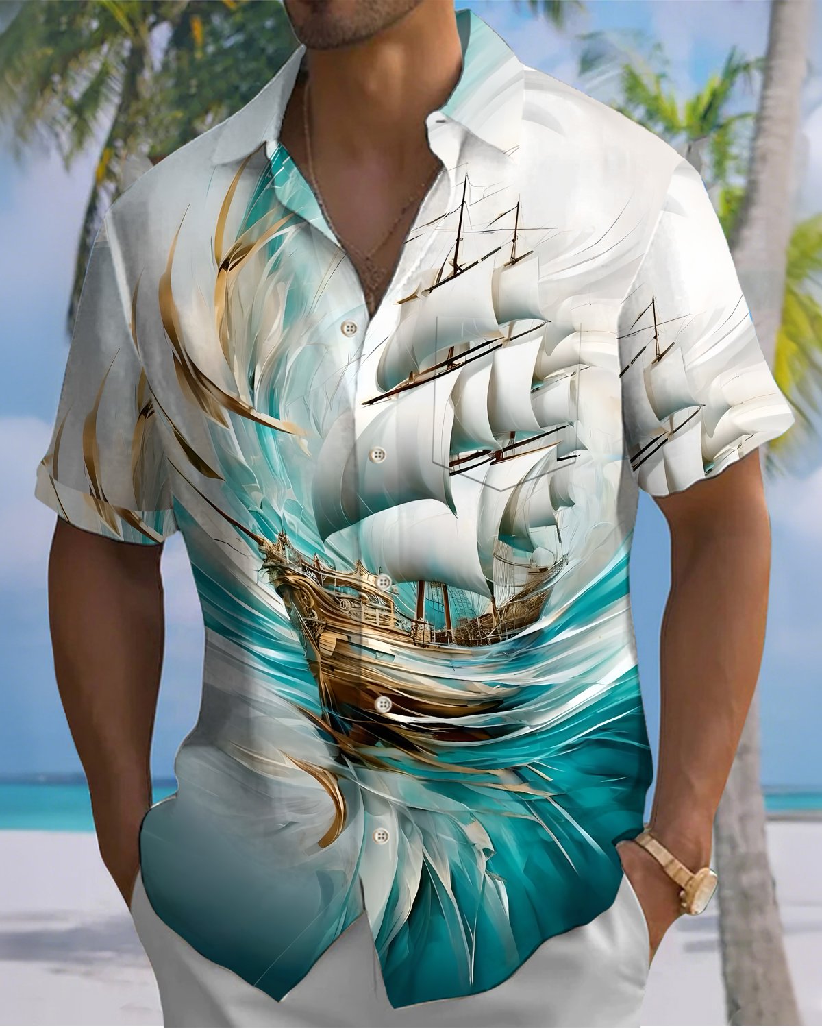 Alohadaddy® Casual Sailing Print Art Button Pocket Cardigan Men's Short Sleeve Shirt