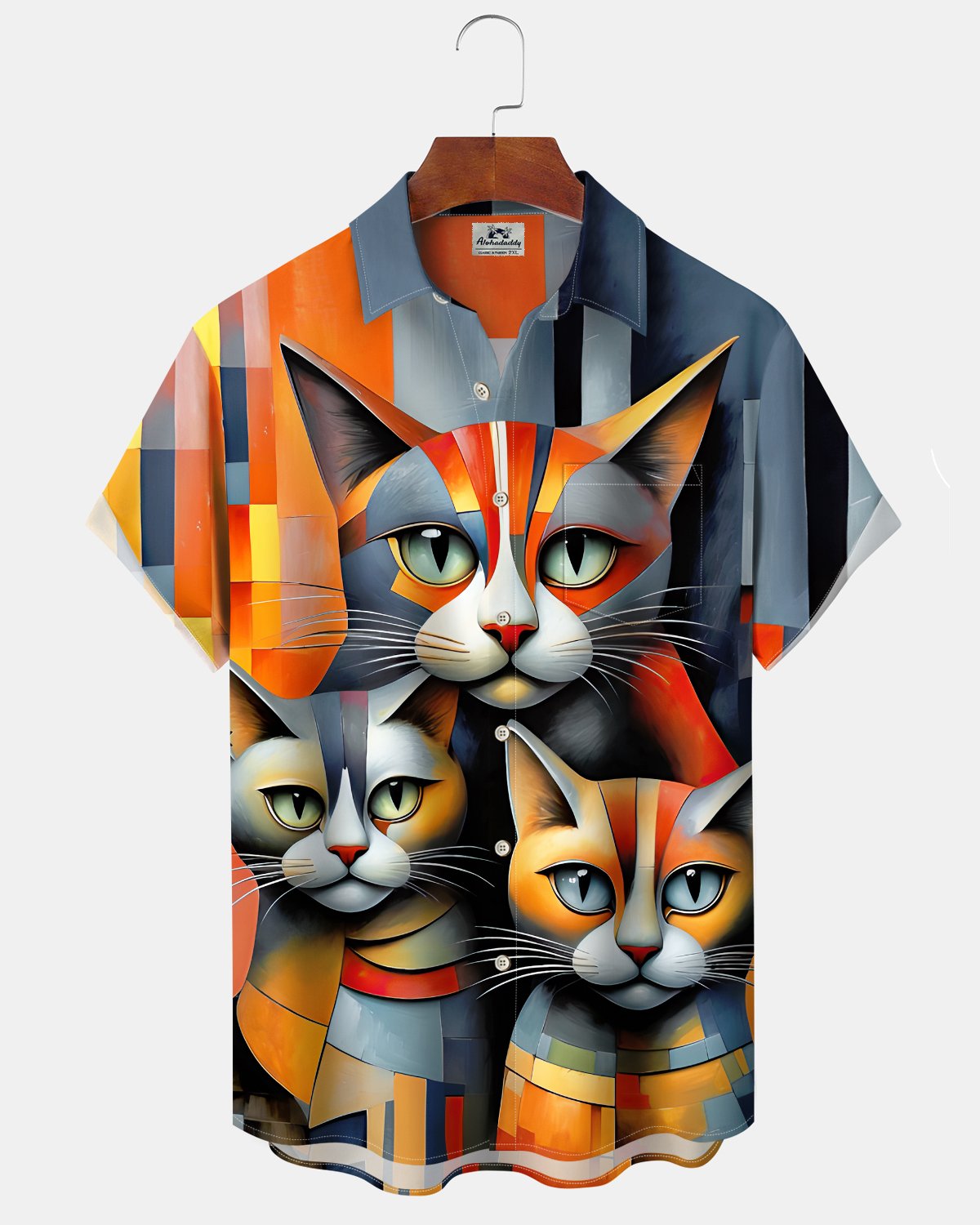 Alohadaddy® Men's Short-Sleeve Button-Down Shirt with Retro Cat Print and Pocket