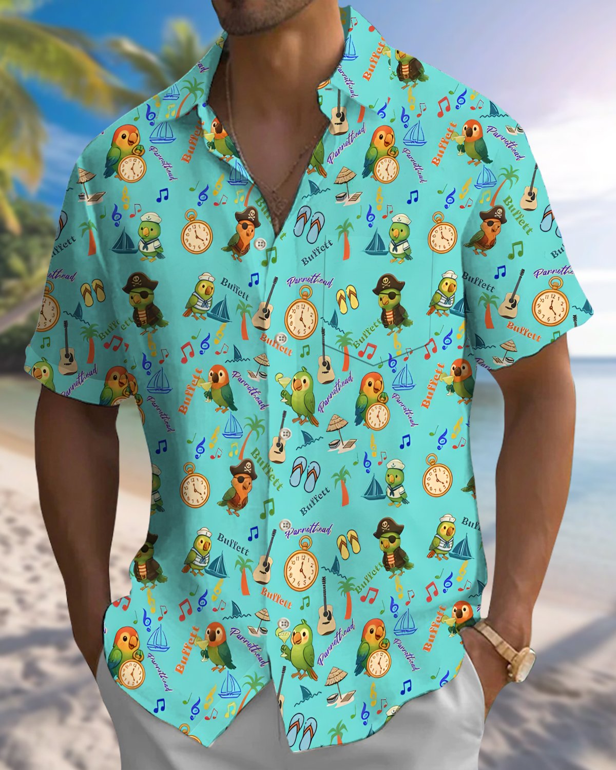 Alohadaddy® Hawaiian Parrot Print Art Button Pocket Cardigan Men's Short Sleeve Shirt