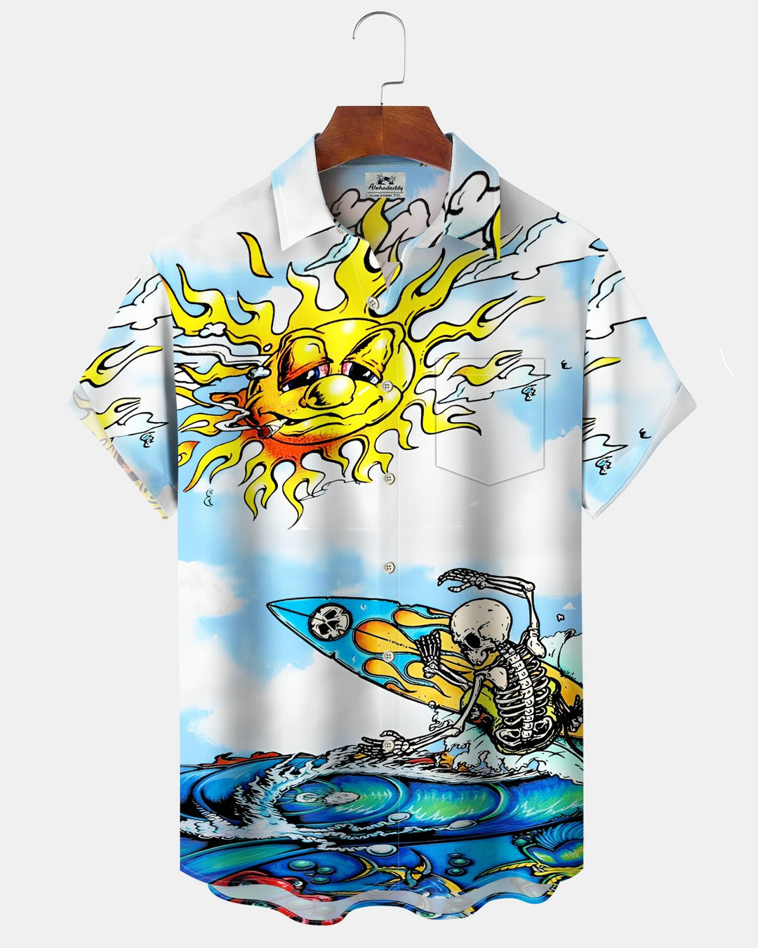 Alohadaddy® Hawaiian Skull Surfing Sun Print Art Button Pockets Cardigan Men&