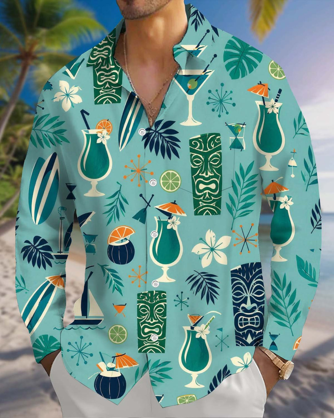 Alohadaddy® Vintage Tiki Pocket Men’s Long-Sleeve Shirt