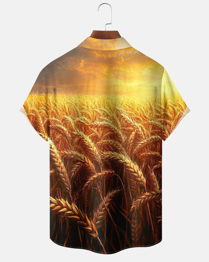 Alohadaddy® Holiday/Thanksgiving Wheat Field Print Button-Down Cardigan-Style Men’s Short-Sleeve Shirt with Pocket
