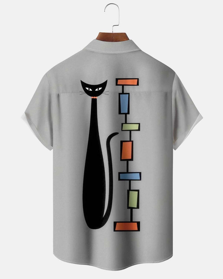 Alohadaddy® Casual Men’s Short-Sleeve Button-Down Shirt  Atomic Cat Graphic Print with Pocket