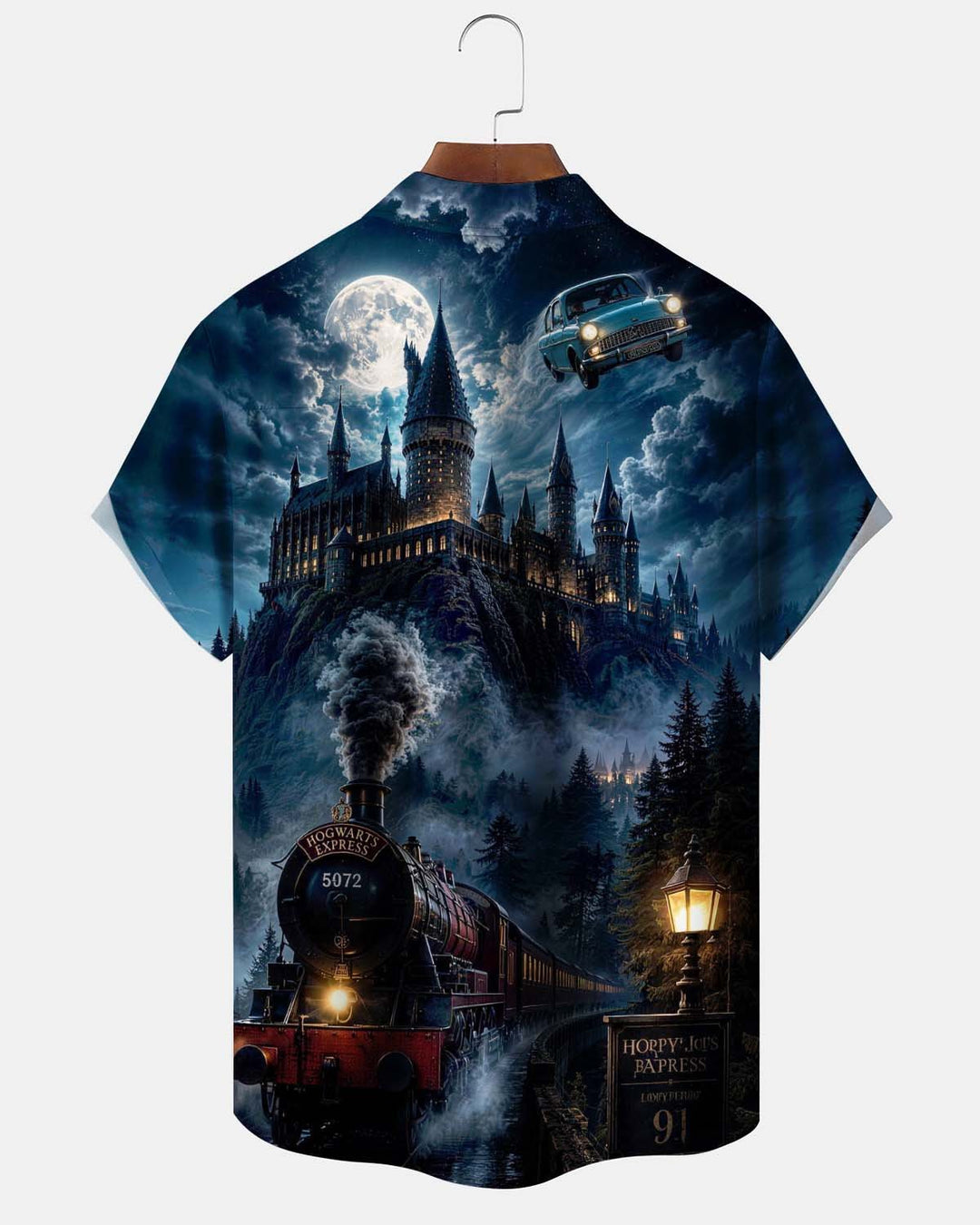 Alohadaddy® Men’s Short-Sleeve Button-Down Shirt with Vintage Magic Castle Graphic Print and Pocket