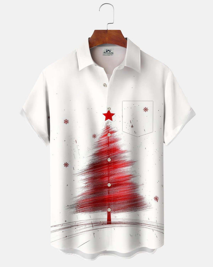 Alohadaddy® Men’s Short-Sleeve Button-Down Shirt  Casual Christmas Tree Print Cardigan with Pocket