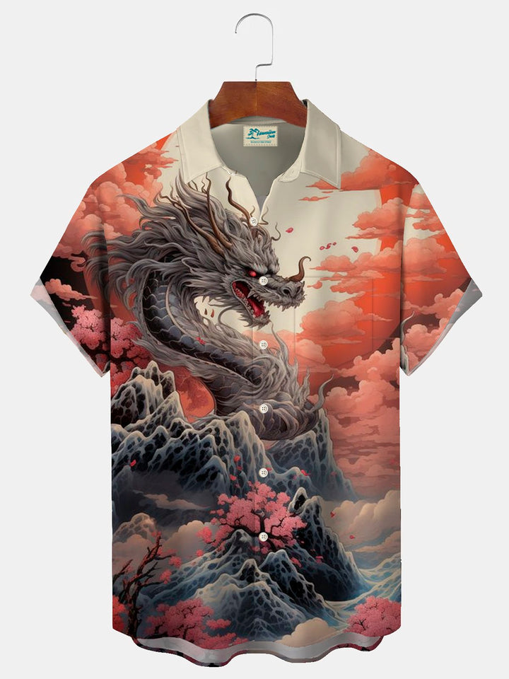 Chemise à boutons et poches pour homme avec imprimé dragon vintage Ukiyoe d&
