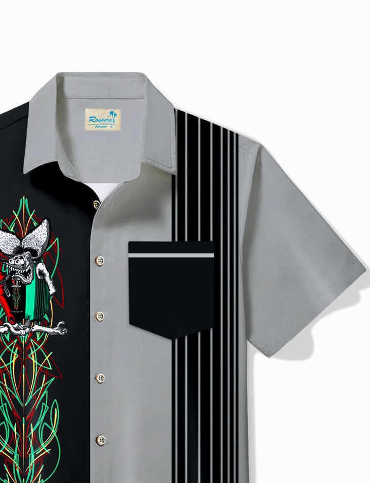 Alohadaddy Vintage Pinstripe Rat Fink Panel BowIing Printed Chest Pocket Shirt Large Size Men&