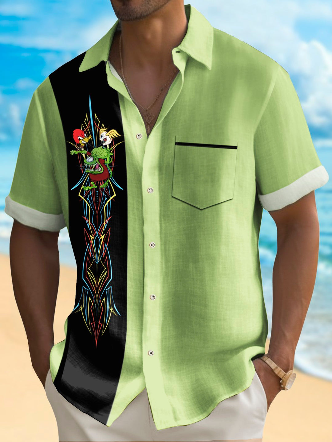 Alohadaddy Vintage Pinstripe Rat Fink flying eyeball Red Duck Panel BowLing Printed Chest Pocket Shirt Large Size Men&