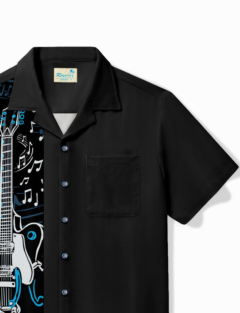 Alohadaddy Vintage Bowling Music Guitar Line Print Chest Pocket Shirt Plus Size Men&