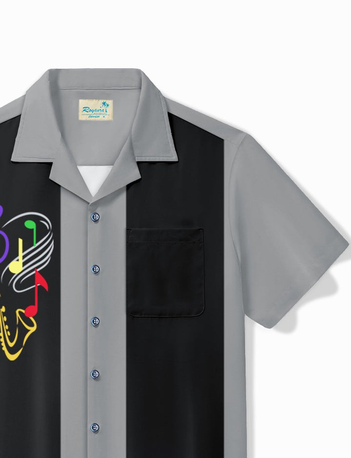 Alohadaddy Vintage Bowling Music Line Print Chest Pocket Shirt Plus Size Men&