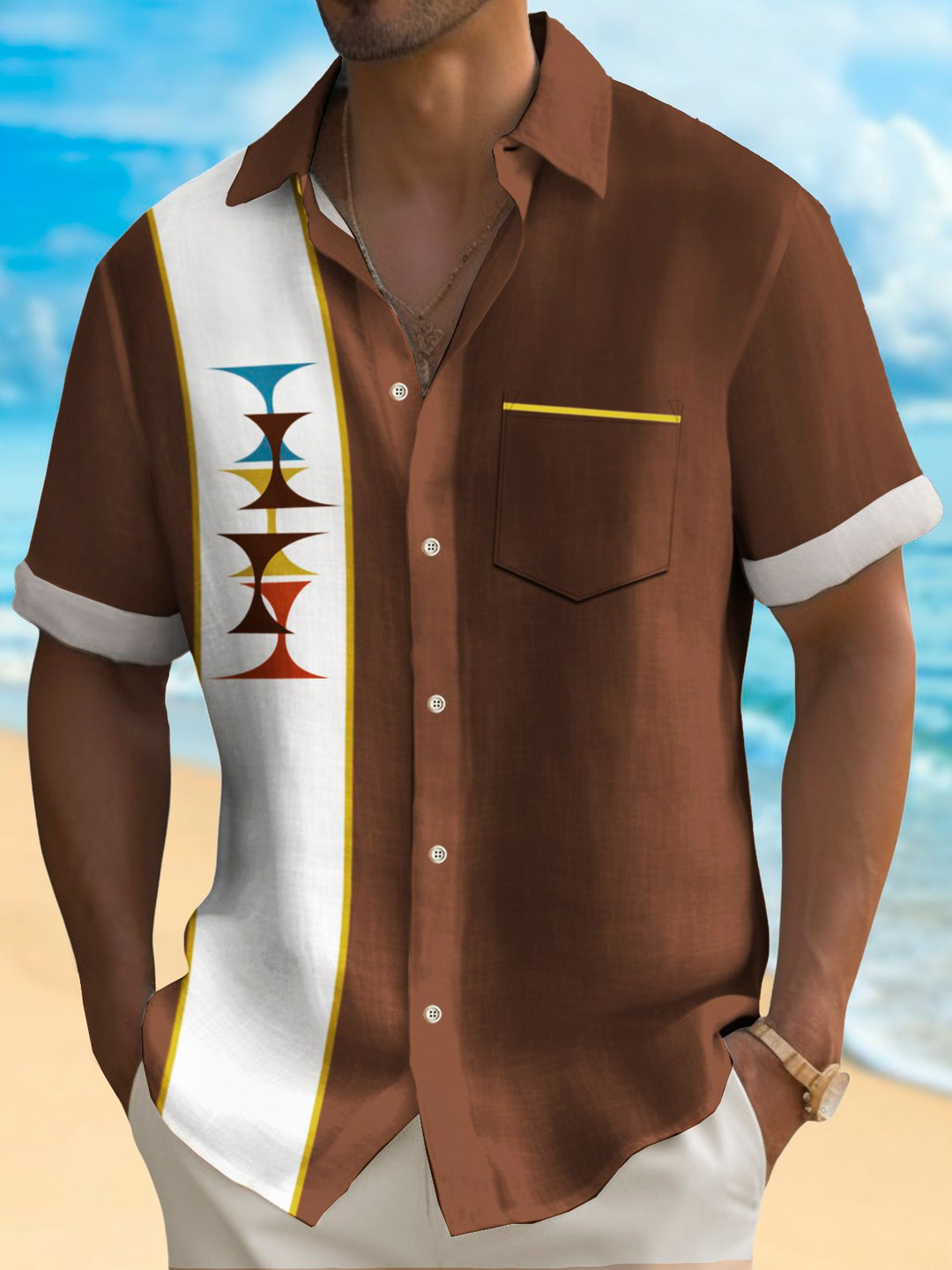 Camisa de acampada con bolsillo elástico y estampado geométrico medieval de bolos para hombre de Alohadaddy Vintage, talla grande