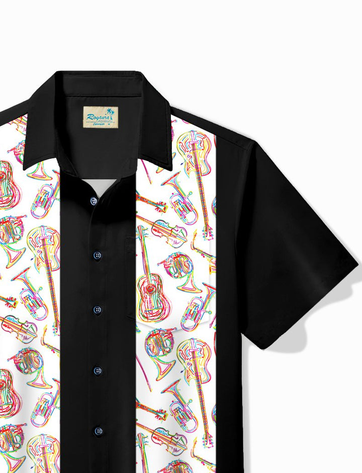 Camisa hawaiana informal de manga corta con estampado de guitarra e instrumento de bolos vintage para hombre de Alohadaddy