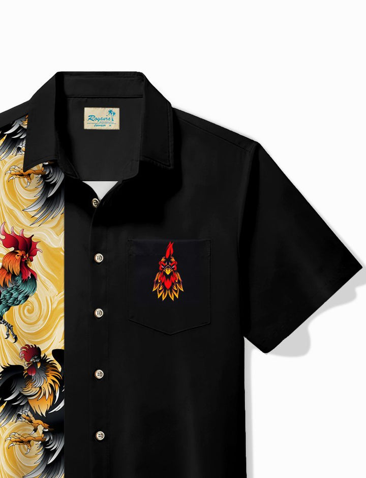 Alohadaddy Vintage Bowling Rooster Tattoo Designs Printed Chest Pocket Shirt Plus Size Men&