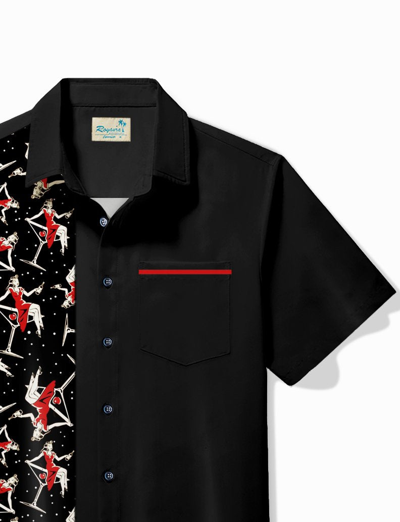 Alohadaddy Vintage Bowling  Pin Up Girl Printed Chest Pocket Shirt Large Size Men&