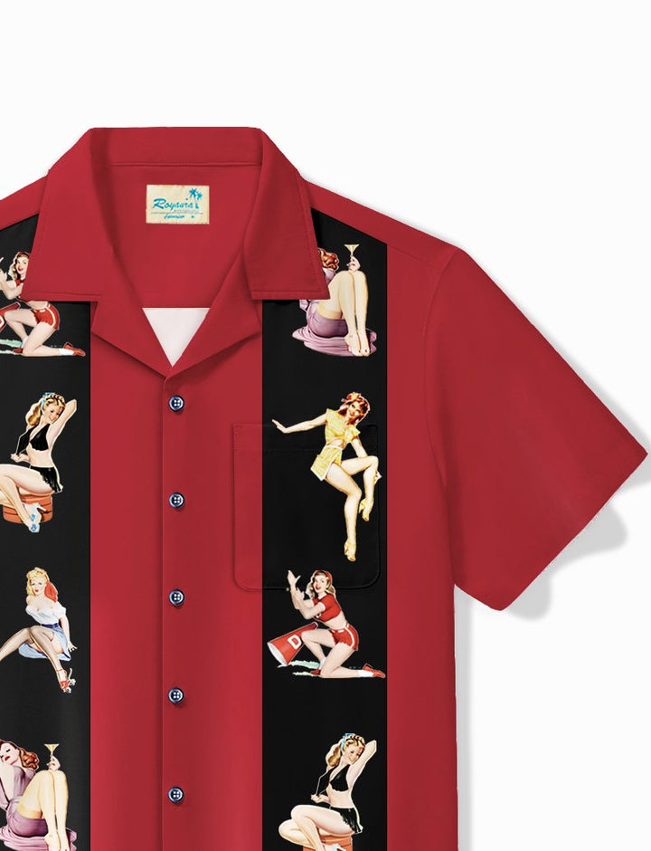 Alohadaddy Vintage Bowling Pin up Girls printed chest pocket shirt large size men&