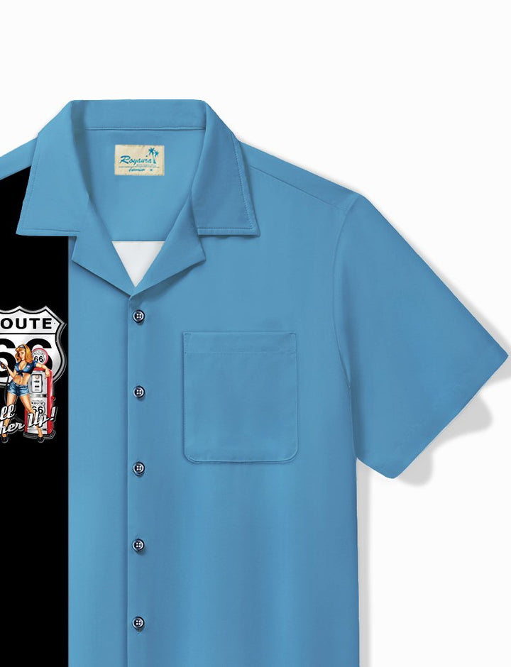 Alohadaddy Vintage Bowling Route 66 Fill Her Up Pinup GirlPrint Chest Pocket Shirt Plus Size Men&