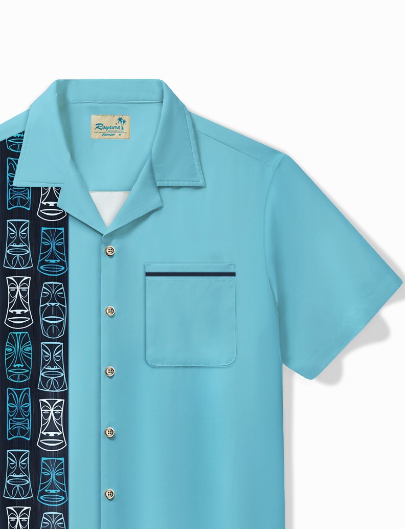 Alohadaddy Vintage Bowling Tiki Print Chest Pocket Shirt Plus Size Men&