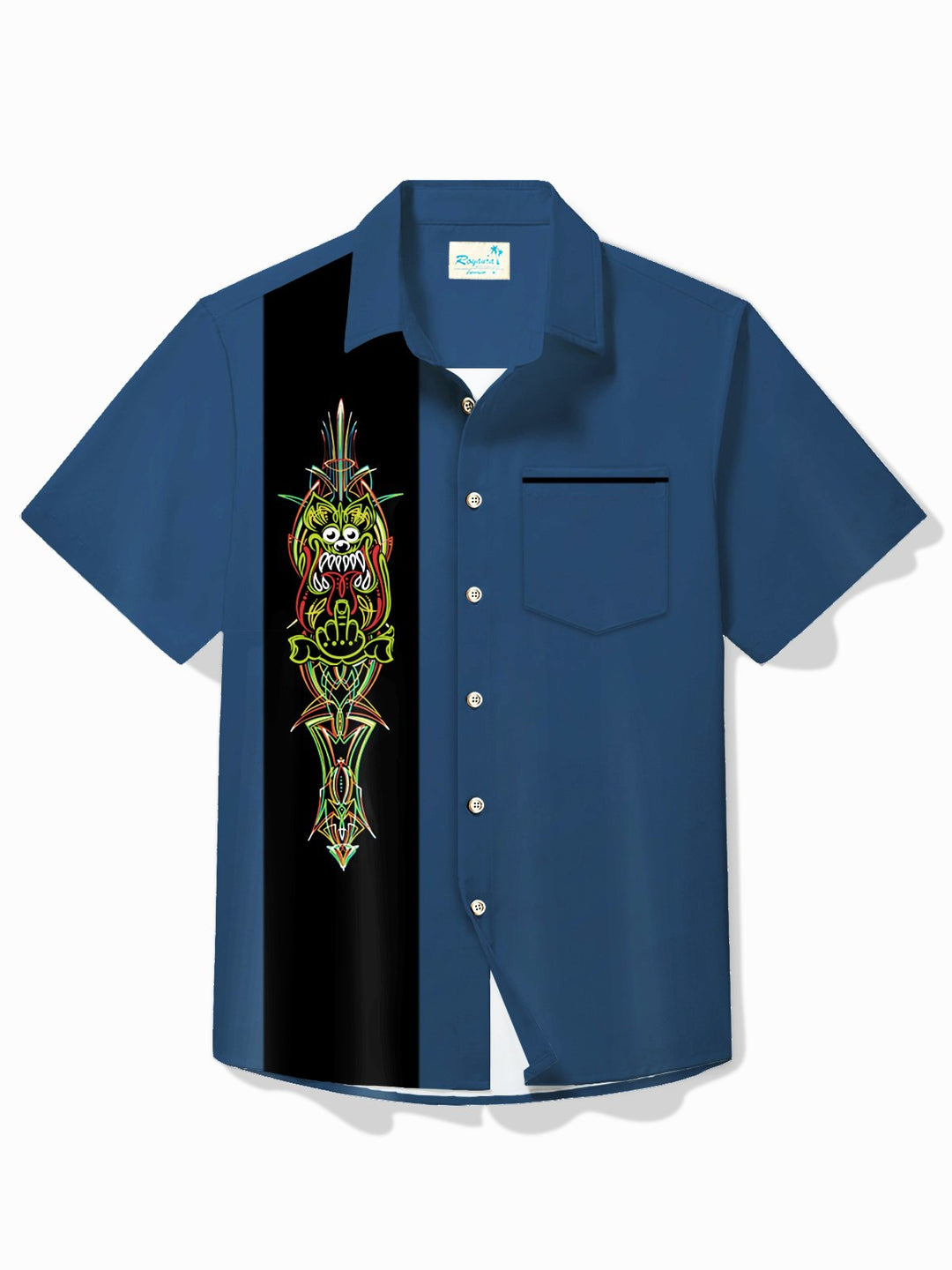 Alohadaddy Vintage Pinstripe Panel BowIing Printed Chest Pocket Shirt Large Size Men&