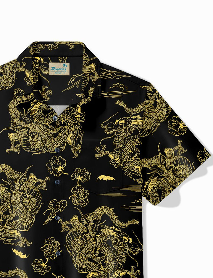 Camisa de hombre con estampado de dragón dorado y negro del año del dragón vintage de Alohadaddy, camisa de camping con bolsillo elástico, talla grande