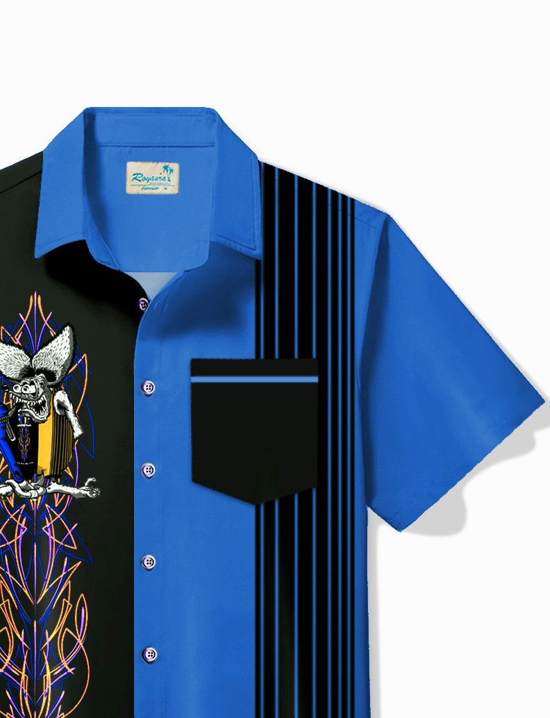 Alohadaddy Vintage Pinstripe Rat Fink Panel BowIing Printed Chest Pocket Shirt Large Size Men&