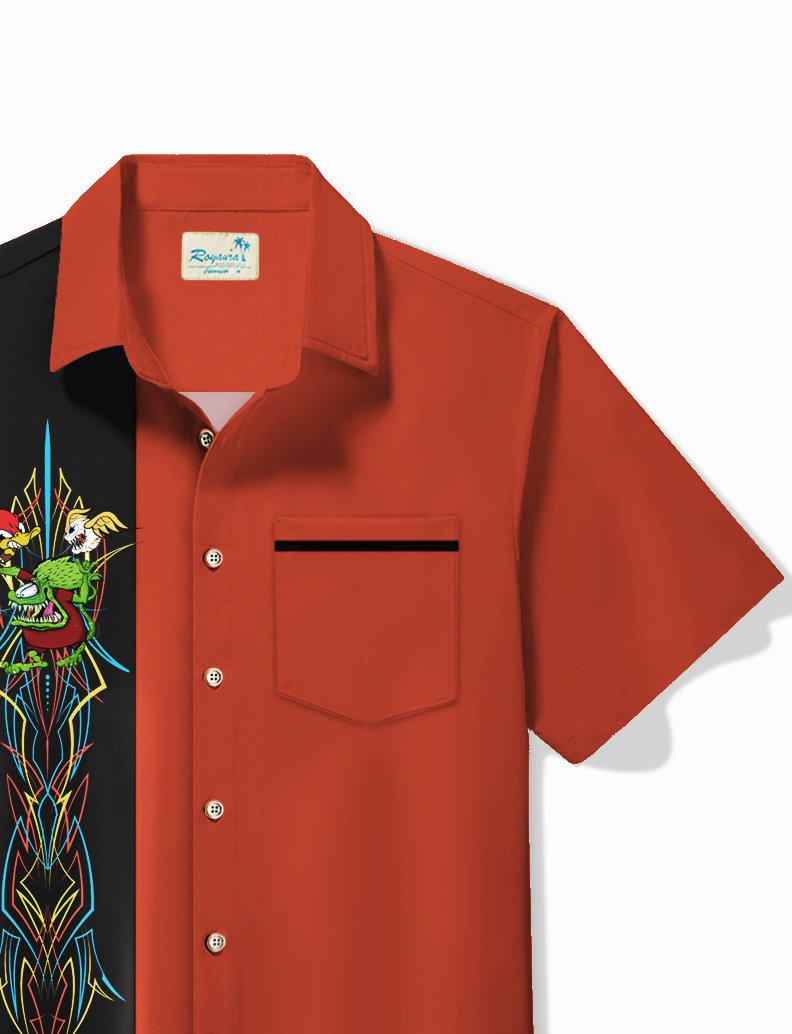 Alohadaddy Vintage Pinstripe Rat Fink flying eyeball Red Duck Panel BowLing Printed Chest Pocket Shirt Large Size Men&
