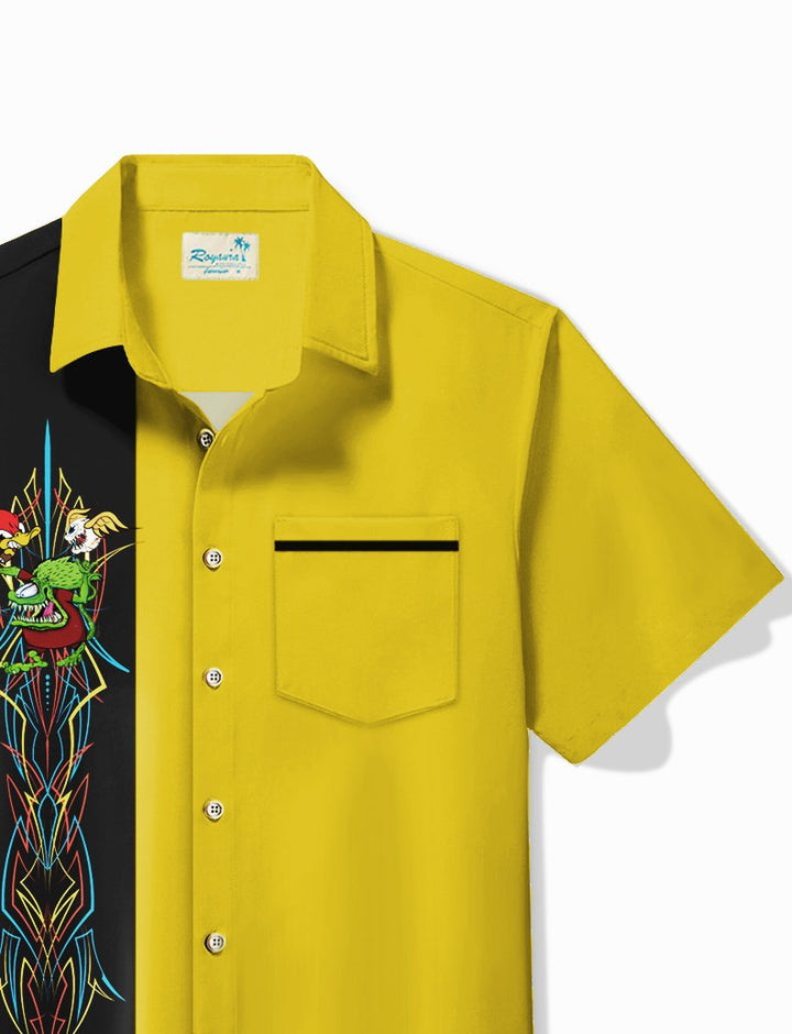 Alohadaddy Vintage Pinstripe Rat Fink flying eyeball Red Duck Panel BowLing Printed Chest Pocket Shirt Large Size Men&