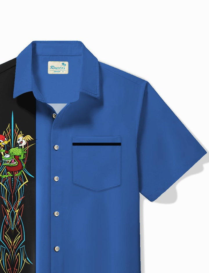 Alohadaddy Vintage Pinstripe Rat Fink flying eyeball Red Duck Panel BowLing Printed Chest Pocket Shirt Large Size Men&