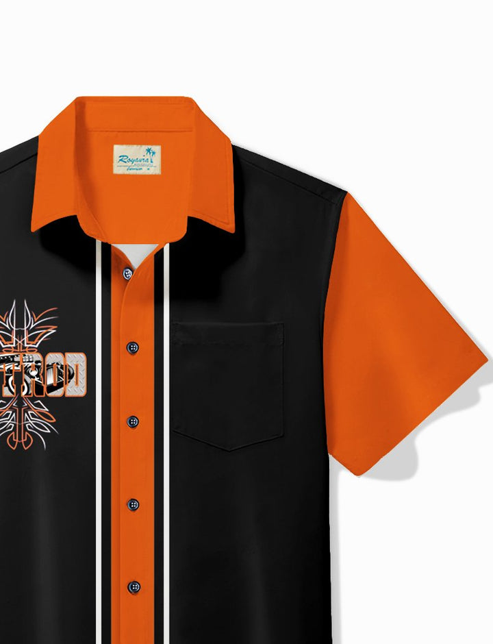 Alohadaddy Vintage Pinstripe Hot Rod Panel BowLing Printed Chest Pocket Shirt Large Size Men&