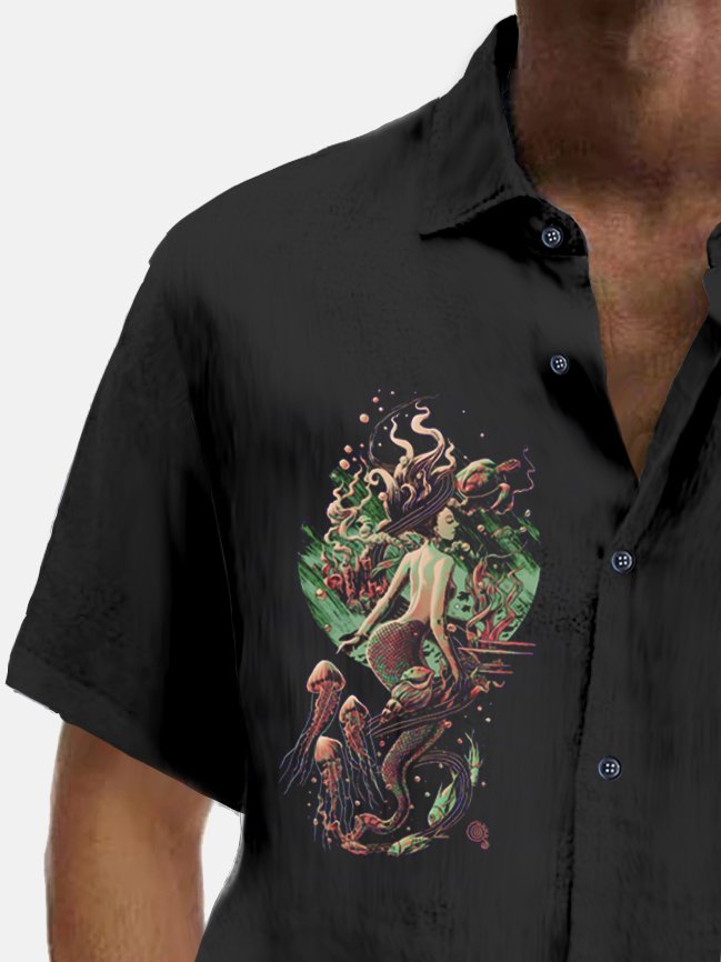 Alohadaddy Vintage Bowling Mermaid Print Chest Pocket Shirt Plus Size Men&