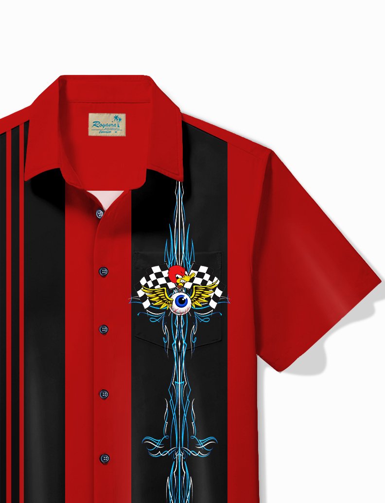Alohadaddy Vintage Pinstripe flying eyeball Red Duck Panel BowLing Printed Chest Pocket Shirt Large Size Men&