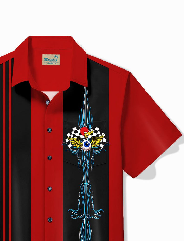 Alohadaddy Vintage Pinstripe flying eyeball Red Duck Panel BowLing Printed Chest Pocket Shirt Large Size Men&