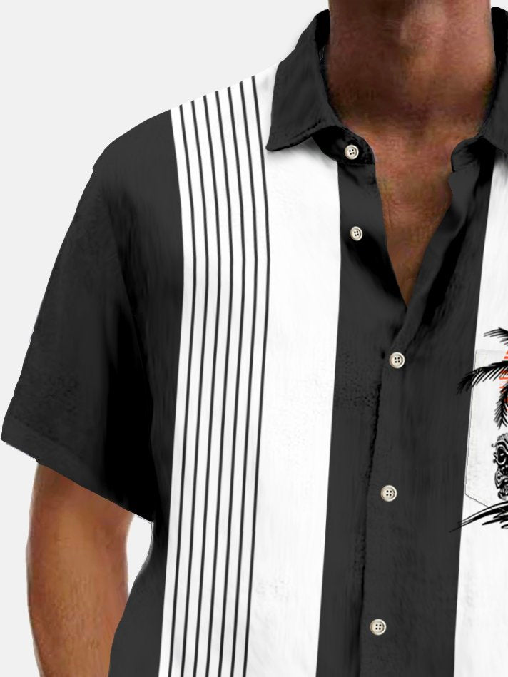 Alohadaddy Vintage Tiki Coconut Bowling Print Chest Pocket Hawaiian Shirt Plus Size Men&