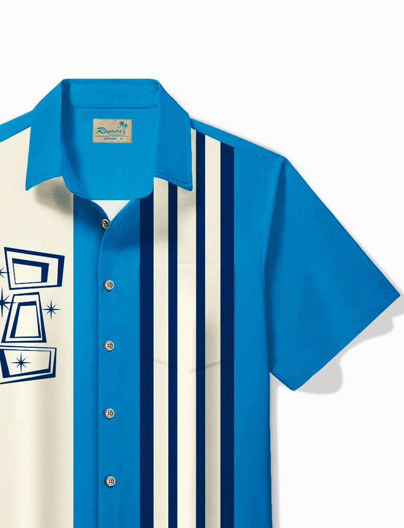 Alohadaddy Vintage Bowling Geometric Starburst Print Chest Pocket Shirt Plus Size Men&