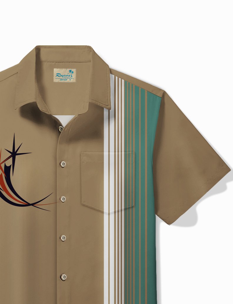 Alohadaddy Vintage Bowling Geometric Starburst Print Chest Pocket Shirt Plus Size Men&
