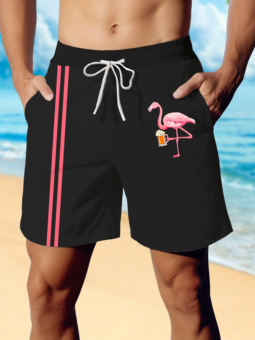 Pantalones cortos de playa para hombre con estampado de rayas de flamencos retro de Alohadaddy
