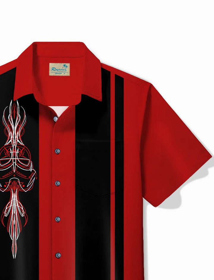 Alohadaddy Vintage Bowling Pinstripe Samurai Print Chest Pocket Shirt Plus Size Men&
