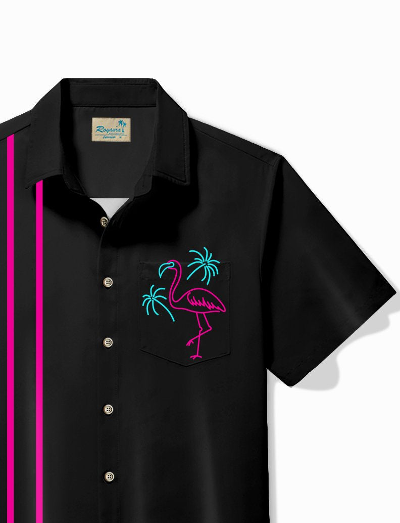 Alohadaddy Vintage Bowling Flamingo Line Print Chest Pocket Shirt Large Size Men&